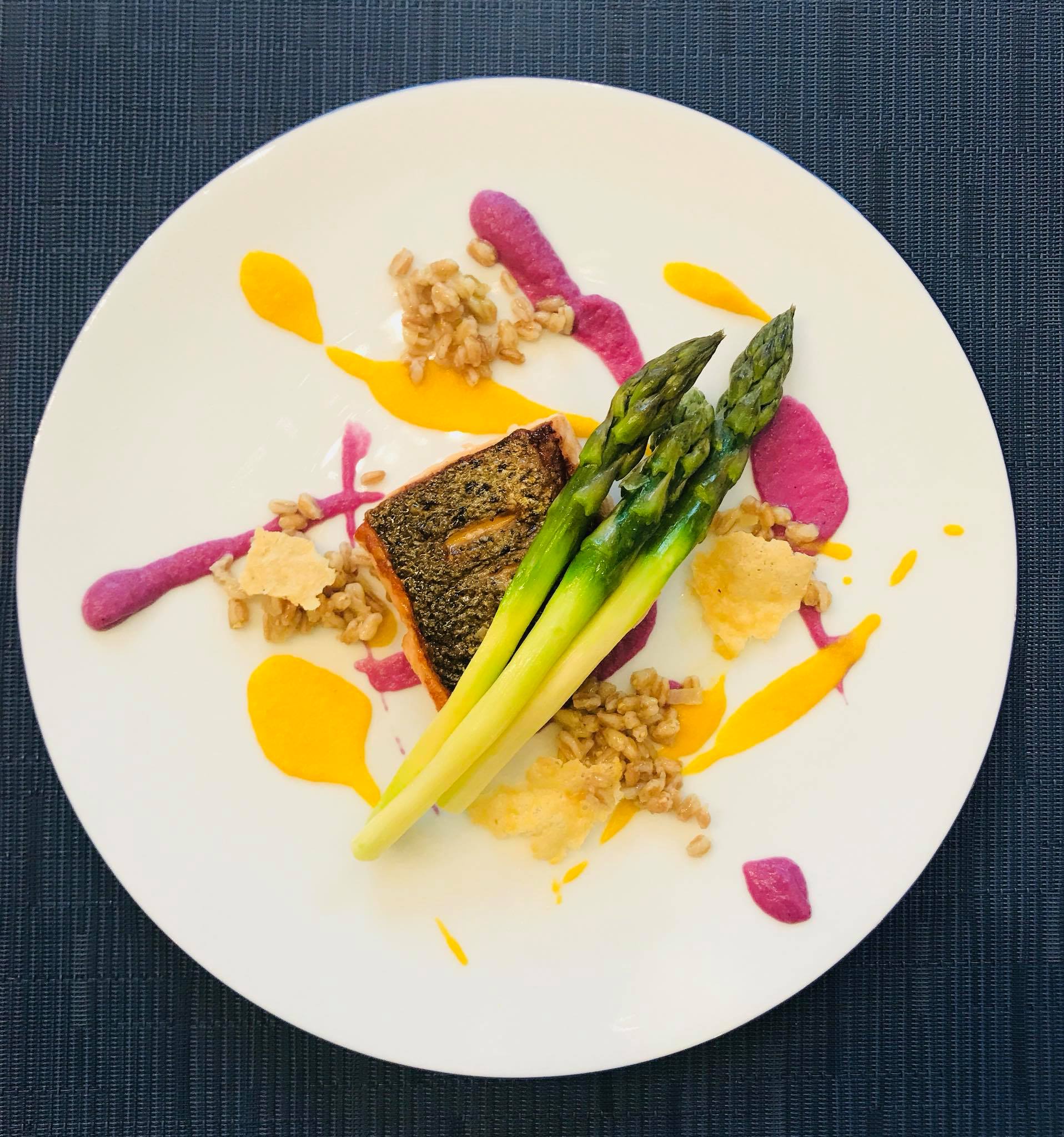 Salmon, red cabbage Puree, butternut, asparagus & pearled spelt 15.12.59